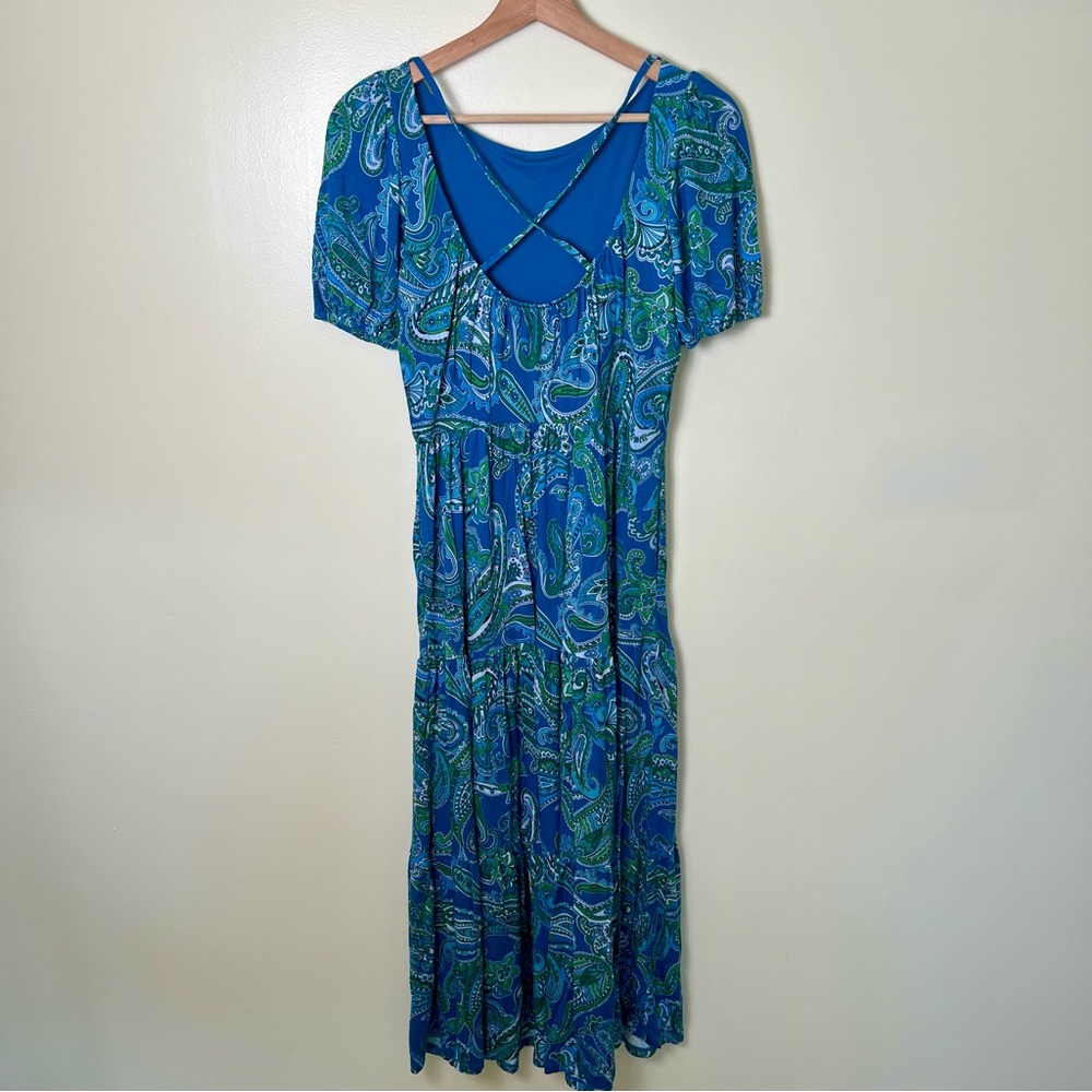 Boden Paisley Blue Green Jersey Maxi Dress Cut Out Back Tiered Pockets Size 6 - Picture 10 of 14